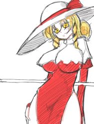 Rule 34 | 1girl, artist request, blonde hair, blush, braid, breasts, curly hair, curvy, dress, elly (touhou), eyes visible through hair, hand on thigh, hat, large breasts, looking at viewer, lotus land story, negataipa, pale skin, pov, red dress, solo, thick thighs, thighs, touhou, touhou (pc-98), wide hips, yellow eyes