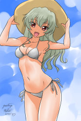 Rule 34 | 10s, 1girl, :d, alternate hairstyle, anchovy (girls und panzer), artist name, bikini, blue background, blue sky, breasts, brown hat, cleavage, commentary, curvy, dated, female focus, girls und panzer, green hair, hair down, hands on headwear, hat, head tilt, leaning forward, long hair, matsui yasutsugu, medium breasts, navel, one-hour drawing challenge, open mouth, red eyes, shiny skin, side-tie bikini bottom, signature, sky, smile, solo, sun hat, swimsuit, thong, thong bikini, white bikini, wide hips