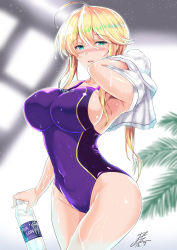 Rule 34 | 1girl, ahoge, artoria pendragon (all), artoria pendragon (fate), artoria pendragon (lancer) (fate), blonde hair, blue one-piece swimsuit, blush, bottle, breasts, collarbone, competition swimsuit, covered navel, fate/grand order, fate (series), green eyes, highres, holding, large breasts, leaf, long hair, one-piece swimsuit, open mouth, rei no pool, saber (fate), saber (summer battle clothes) (fate), sidelocks, signature, smile, solo, swept bangs, swimsuit, towel, wet, wide hips, yasakani an