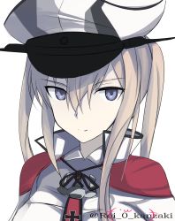 Rule 34 | 1girl, blonde hair, capelet, commentary request, cross, etsuransha no rei, graf zeppelin (kancolle), grey eyes, hair between eyes, hat, highres, iron cross, kantai collection, looking at viewer, military hat, one-hour drawing challenge, peaked cap, sidelocks, solo, tsurime, twintails, twitter username, upper body