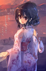 1girl bag black_hair japanese_clothes kimono long_hair long_sleeves looking_at_viewer obi open_mouth original ponytail red_eyes sash sketch smile solo_focus translation_request ukyo_rst yukata