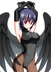 Rule 34 | 1girl, angel wings, armpits, arms up, black wings, blue hair, blush, breasts, brown pantyhose, bucchake (asami), crypt angel, curvy, elbow gloves, gloves, large breasts, leotard, looking at viewer, magic: the gathering, pantyhose, red eyes, short hair, simple background, skin tight, smile, solo, thighs, wings