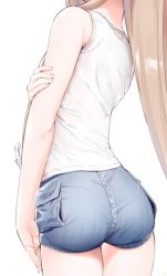 Rule 34 | 1girl, alternate costume, anchor hair ornament, ass, ass focus, bad id, bad twitter id, commentary request, contemporary, cowboy shot, denim, denim shorts, dx (dekusu), from behind, hair ornament, head out of frame, kantai collection, light brown hair, long hair, shimakaze (kancolle), shirt, short shorts, shorts, sidelocks, simple background, sleeveless, sleeveless shirt, solo, white background