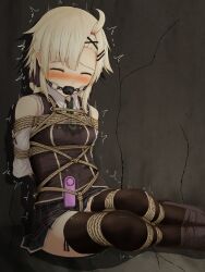 Rule 34 | 1girl, against wall, arms behind back, assault lily, ball gag, bangs pinned back, bare shoulders, bdsm, black bow, black thighhighs, black vest, blonde hair, blush, bondage, bound, bound arms, bound legs, bow, braid, breasts, brown footwear, buttons, closed eyes, clothing cutout, collared shirt, commentary request, commission, crack, cracked wall, crotch rope, crying, double-breasted, drooling, feet out of frame, femuto, gag, gagged, green necktie, green skirt, hair bow, hair ornament, hairclip, hibino waku, highres, indoors, loafers, long sleeves, medium hair, miniskirt, necktie, nose blush, on floor, plaid, plaid skirt, pleated skirt, pussy juice, pussy juice puddle, raised eyebrows, remote control vibrator, restrained, saliva, saliva trail, school uniform, sex toy, shadow, shibari, shibari over clothes, shirt, shoes, short necktie, shoulder cutout, sitting, skeb commission, skirt, small breasts, solo, stained clothes, thighhighs, trembling, vest, vibrator, white shirt, wiffle gag, x hair ornament