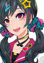 Rule 34 | 1girl, :d, black hair, blue scrunchie, blush, collarbone, colorful, commentary request, diagonal stripes, earrings, english text, eyelashes, eyeliner, facial mark, fashion, hair ornament, hairclip, head tilt, heart, heart facial mark, highres, jewelry, lam (ramdayo), lightning bolt symbol, long hair, looking at viewer, makeup, multicolored eyes, multicolored eyeshadow, multicolored hair, multicolored scrunchie, open mouth, original, pink hair, pink scrunchie, play button, plus sign, polka dot, polka dot scrunchie, purple eyes, scrunchie, sidelocks, simple background, smile, solo, star (symbol), star facial mark, star hair ornament, streaked hair, striped, sweatdrop, teeth, twintails, upper teeth only, white background