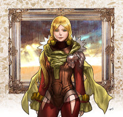 Rule 34 | 1girl, armor, blonde hair, blue eyes, breastplate, expressionless, framed, long hair, long sleeves, looking at viewer, lowres, nakaba higurashi, original, picture frame, scarf, solo, standing, very long hair
