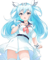 Rule 34 | 1girl, bad id, bad pixiv id, belt, belt buckle, black belt, black sailor collar, blue hair, blush, bow, breasts, brown eyes, brown neckerchief, buckle, character profile, commentary request, dress, hair between eyes, hair bow, hair ribbon, long hair, looking at viewer, medium breasts, neckerchief, open mouth, original, partial commentary, rekareka, revision, ribbon, sailor collar, sailor dress, short sleeves, simple background, solo, thighhighs, very long hair, white bow, white dress, white ribbon, white thighhighs, wrist cuffs