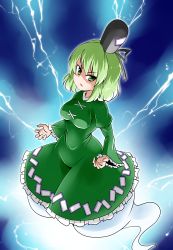 Rule 34 | &gt;:o, 1girl, :o, blush, breasts, curvy, d:, d:&lt;, dress, electricity, ghost, ghost tail, green eyes, green hair, hat, juliet sleeves, kousei (public planet), lightning, long sleeves, looking at viewer, medium breasts, puffy sleeves, shaded face, short hair, soga no tojiko, solo, tate eboshi, touhou, tsurime, v-shaped eyebrows