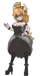 Rule 34 | 1girl, animated, animated gif, bare shoulders, black dress, black footwear, blonde hair, blue eyes, blush, bowsette, bracelet, breasts, cleavage, collar, crown, dress, earrings, high heels, horns, jewelry, large breasts, lizard tail, mario (series), muhut, nail polish, new super mario bros. u deluxe, nintendo, open mouth, pointy ears, solo, spiked bracelet, spiked collar, spikes, standing, super crown, tail, thighhighs