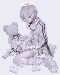Rule 34 | 1girl, arrow cross, bandage on knee, beretta 92, black nails, broken, closed mouth, cross, frills, grey eyes, gun, hair flaps, hair ornament, hairpin, halo, handgun, headphones, headphones around neck, heart, highres, holding, holding gun, holding weapon, jacket, knife, looking at viewer, mano aaa, mini wings, nail polish, original, red lips, safety glasses, safety pin, shoes, short hair, shorts, simple background, sitting, sneakers, solo, striped clothes, striped jacket, stuffed animal, stuffed toy, teddy bear, tomboy, track jacket, vertical-striped clothes, vertical-striped jacket, wariza, watermark, weapon, white-framed eyewear, white background, white footwear, white hair, white jacket, white shorts, white theme, white wings, wings, x hair ornament