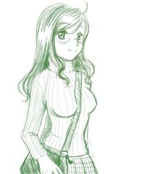 Rule 34 | 1girl, between breasts, breasts, glasses, green theme, monochrome, non-web source, sketch, solo, strap between breasts, sweater