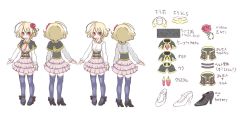 Rule 34 | 100 percent orange juice, 1girl, :3, black capelet, black footwear, blonde hair, blush, capelet, character sheet, closed mouth, commentary request, corset, flower, gem, hair between eyes, hair flower, hair ornament, high heels, hime (orange juice), hono, layered skirt, long sleeves, multiple views, official art, pink skirt, pleated skirt, purple thighhighs, red eyes, red flower, red rose, rose, shirt, shoes, short hair, simple background, skirt, sleeves past wrists, standing, suguri, thighhighs, translation request, turnaround, white background, white footwear, white shirt