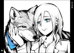 Rule 34 | 1girl, animal, blue eyes, krista lenz, hair between eyes, monochrome, partially colored, pillarboxed, shingeki no kyojin, taum, wolf