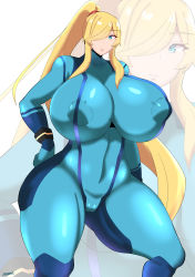 Rule 34 | 1girl, 46ayamahi, absurdres, artist name, blonde hair, blue bodysuit, blue eyes, bodysuit, breasts, cameltoe, cleavage, covered erect nipples, covered navel, curvy, female focus, gluteal fold, hair over one eye, hairband, hand on own hip, highres, huge breasts, legs apart, lips, long hair, metroid, nintendo, puffy areolae, samus aran, shiny clothes, skin tight, standing, taut clothes, thick thighs, thighs, very long hair