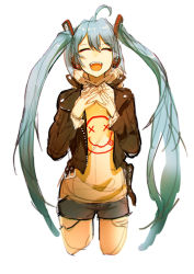 Rule 34 | 1girl, ahoge, casual, cropped legs, closed eyes, flat chest, green hair, hatsune miku, headphones, highres, hood, hoodie, jacket, leather, leather jacket, long hair, open mouth, shorts, sketch, smile, so-bin, solo, twintails, very long hair, vocaloid