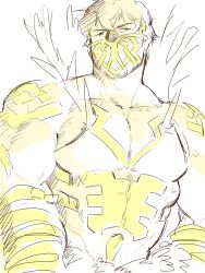 Rule 34 | 1boy, adam&#039;s apple, armor, bara, bare shoulders, breastplate, character request, cowboy shot, fire emblem, head tilt, highres, large pectorals, looking at viewer, male focus, mask, monochrome, mouth mask, muscular, muscular male, nintendo, pectoral cleavage, pectorals, piikeisandaa, short hair, sidepec, sketch, solo, thick eyebrows, yellow theme