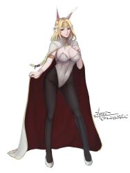 Rule 34 | 1girl, alternate costume, alternate hair color, animal ears, blonde hair, braid, braided ponytail, breasts, cape, circlet, cleavage, cm lynarc, covered navel, fire emblem, fire emblem: three houses, flower, green eyes, green hair, hair flower, hair ornament, hair tie, high heels, highres, holding, holding cape, holding clothes, large breasts, leotard, long hair, multicolored hair, nintendo, pantyhose, playboy bunny, rabbit ears, seiros (fire emblem), solo, transparent background, two-tone hair, watermark, white cape