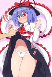 Rule 34 | !?, 1girl, black dress, black headwear, blush, clothes lift, commentary request, dress, dress lift, hair between eyes, hat, lifting another&#039;s clothes, long sleeves, nagae iku, panties, purple hair, rizento, short hair, solo focus, stomach, thighs, touhou, underwear, white panties