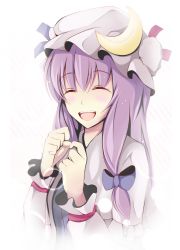 Rule 34 | 1girl, :d, ^ ^, bad id, bad pixiv id, blush, bow, closed eyes, crescent, closed eyes, hair bow, happy, hat, long hair, minamo iruka, open mouth, patchouli knowledge, purple hair, smile, solo, touhou, upper body