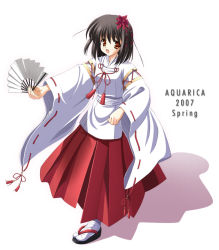 Rule 34 | 00s, 1girl, 2007, :d, black hair, brown eyes, english text, flower, folding fan, full body, hair flower, hair ornament, hakama, hakama skirt, hand fan, holding, japanese clothes, kanzashi, long sleeves, looking at viewer, miko, open mouth, original, orino yushi, outstretched arm, red hakama, ribbon-trimmed sleeves, ribbon trim, sandals, shadow, simple background, skirt, smile, solo, spring (season), tabi, tareme, tassel, tsumami kanzashi, walking, white background, white legwear, wide sleeves