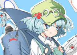 Rule 34 | 1girl, :p, absurdres, aperture science handheld portal device, backpack, bag, blue eyes, blue hair, collared shirt, controller, fingerless gloves, game controller, gloves, goggles, goggles on headwear, green hat, hair bobbles, hair ornament, hat, highres, kawashiro nitori, looking at viewer, portal (object), portal (series), portrait, sentry turret (portal), shirt, short hair, short twintails, solo, tongue, tongue out, touhou, twintails, two side up, ylong