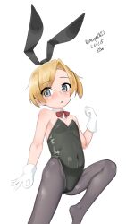 Rule 34 | 1girl, absurdres, animal ears, black leotard, blonde hair, blush, bow, collar, commentary request, dated, detached collar, fake animal ears, forehead, gloves, grey eyes, grey pantyhose, hand up, highres, kantai collection, leotard, looking at viewer, maikaze (kancolle), maru (marg0613), no shoes, ok sign, one-hour drawing challenge, pantyhose, parted bangs, parted lips, playboy bunny, rabbit ears, red bow, short hair, simple background, solo, strapless, strapless leotard, twitter username, white background, white collar, white gloves, wing collar