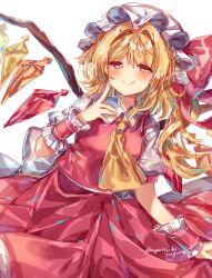Rule 34 | 1girl, :q, absurdres, ascot, ayatsuki sugure, back bow, blonde hair, bow, breasts, commentary, cowboy shot, crystal, flandre scarlet, hair intakes, half-closed eyes, hat, hat bow, highres, looking at viewer, medium hair, mob cap, one side up, red bow, red eyes, red skirt, red vest, simple background, skirt, small breasts, solo, tongue, tongue out, touhou, vest, white background, white bow, white hat, wings, wrist cuffs, yellow ascot