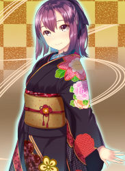 Rule 34 | 1girl, arms at sides, blush, bow, brown eyes, checkered background, closed mouth, cowboy shot, floral print, hair bow, highres, japanese clothes, kagematsuri, kimono, light blush, long sleeves, looking at viewer, obi, original, ponytail, purple bow, purple hair, purple kimono, sash, short hair, smile, solo, standing, wide sleeves