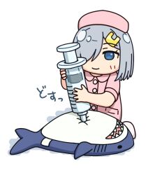 Rule 34 | 1girl, alternate costume, blue eyes, commentary request, dress, grey hair, hair ornament, hair over one eye, hairclip, hama! (3toshinhmkz), hamakaze (kancolle), hat, kantai collection, no nose, nurse, nurse cap, oversized object, pink dress, pink hat, short hair, simple background, solo, stuffed animal, stuffed shark, stuffed toy, syringe, white background
