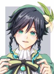 Rule 34 | 1boy, black bow, black bowtie, black hair, blue hair, blue pupils, blush, bow, bowtie, braid, brooch, cape, collared cape, commentary request, fugusashi (fgss2089), genshin impact, gradient hair, green cape, green eyes, grey background, hair between eyes, highres, jewelry, looking at viewer, male focus, medium bangs, multicolored hair, open mouth, shirt, short hair, simple background, smile, solo, twin braids, two-tone background, upper body, venti (genshin impact), white background, white shirt