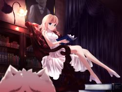 Rule 34 | 1girl, aoyama blue mountain, bad id, bad pixiv id, blonde hair, blue eyes, blurry, book, book stack, breasts, cabinet, chair, closed mouth, curtains, depth of field, dress, full body, glasses, gochuumon wa usagi desu ka?, high heels, highres, holding, holding book, indoors, kokkeina budou, kyouou ena, lamp, open book, portrait (object), rimless eyewear, rocking chair, shoes, silhouette, sitting, sleeveless, sleeveless dress, smile, tippy (gochiusa), tippy (gochuumon wa usagi desuka?), white dress, white footwear