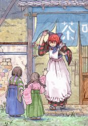 Rule 34 | 3girls, apron, awning, bad id, bad pixiv id, blue bow, bouquet, bow, braid, brick wall, brown hair, building, child, commentary request, flower, geta, grass, hair bow, half-timbered, highres, japanese clothes, misohagi, multiple girls, neckerchief, open mouth, red eyes, red hair, ribbon-trimmed bow, sekibanki, shop, short hair, tabi, tile roof, tiles, touhou, twin braids, waving, white apron