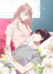 Rule 34 | 1boy, 1girl, brown eyes, brown hair, eye contact, flower, grey shirt, holding hands, hetero, highres, indoors, lily (flower), lipstick, long hair, looking at another, lying, makeup, nayuta/iho, on back, original, pillow, pink eyes, pink shirt, shirt, short sleeves, sitting, sparkle, window