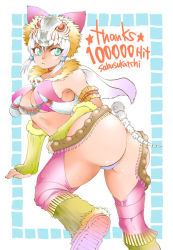 Rule 34 | 1girl, animal ears, aqua eyes, arm support, armband, armor, armpits, ass, bent over, boots, breasts, capcom, cape, choker, cleavage, detached sleeves, elbow gloves, female focus, fingerless gloves, from behind, frown, fur, gloves, helm, helmet, milestone celebration, huge ass, large breasts, leg warmers, looking back, midriff, monster hunter (series), no bra, panties, sabusuka, short hair, skull, solo, thighhighs, thong, underwear, white hair