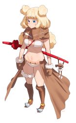 Rule 34 | 1girl, arms at sides, between breasts, bikini, blonde hair, blue eyes, boots, breasts, brown footwear, brown mittens, closed mouth, highres, katana, knee boots, long hair, low twintails, medium breasts, mittens, navel, original, ryusei hashida, scabbard, sheath, sheathed, signature, simple background, solo, spiked boots, standing, strap between breasts, swimsuit, sword, twintails, waist cape, weapon, weapon on back, white background, white bikini