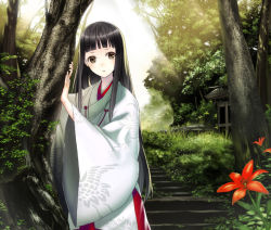 Rule 34 | 1girl, black hair, flower, japanese clothes, katase yuu, long hair, miko, original, solo, wide sleeves