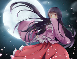Rule 34 | 1girl, absurdres, black hair, blunt bangs, bow, bowtie, branch, collared shirt, floral print, highres, hime cut, houraisan kaguya, japanese clothes, jeweled branch of hourai, long hair, long skirt, long sleeves, pink shirt, red eyes, red skirt, shirt, shiso gohan, silo, skirt, sleeves past wrists, touhou, very long hair, white bow, white bowtie