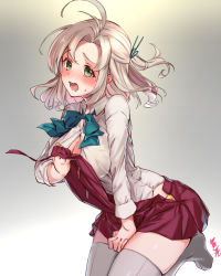 Rule 34 | 1girl, blue neckwear, breasts, cleavage, commentary request, cosplay, dress, green eyes, grey hair, grey thighhighs, hair tie, kantai collection, kinugasa (kancolle), long hair, long sleeves, medium breasts, one side up, open clothes, open mouth, pleated dress, purple dress, ribbon, shirt, signature, solo, thighhighs, white shirt, youmou usagi, yuugumo (kancolle), yuugumo (kancolle) (cosplay)
