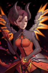 Rule 34 | 1girl, armor, backlighting, black background, black hair, black pantyhose, bodysuit, breasts, cowboy shot, dark background, dark persona, demon horns, demon tail, devil mercy, duximeng, earrings, embers, facial mark, faulds, forehead mark, gloves, glowing, glowing wings, hair between eyes, hair tie, high ponytail, highres, holding, holding staff, horns, jewelry, leaning forward, light smile, looking away, looking to the side, mechanical wings, mercy (overwatch), official alternate costume, orange wings, overwatch, overwatch 1, pantyhose, patch, pelvic curtain, petals, purple eyes, red bodysuit, red gloves, red lips, short hair, small breasts, solo, staff, stud earrings, tail, taut clothes, wings