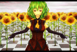 Rule 34 | 1girl, ascot, bad id, bad pixiv id, black gloves, checkered floor, dress, elbow gloves, female focus, flower, gloves, gothic lolita, green hair, kazami yuuka, letterboxed, lolita fashion, plaid, red eyes, solo, sunflower, taku-012, touhou, upper body