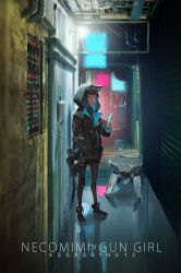 Rule 34 | 1girl, alley, animal ears, black footwear, commentary request, cyberpunk, gun, holding, holding gun, holding weapon, hood, hooded jacket, jacket, kare huang, light, looking at viewer, original, pantyhose, red eyes, robot, solo, standing, weapon, wire