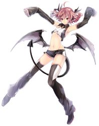 Rule 34 | 1girl, absurdres, ahoge, alternate costume, armpits, arms up, bat wings, between legs, black footwear, black legwear, black ribbon, black shorts, black wings, breasts, closed mouth, collared shirt, crop top, demon tail, demon wings, detached sleeves, drill hair, full body, groin, hair between eyes, hair ribbon, headphones, highres, kasane teto, low wings, midriff, navel, outstretched arms, red eyes, red hair, ribbon, ribs, shirt, shoes, shorts, simple background, sleeves past wrists, small breasts, solo, stomach, tail, tail between legs, toudou charo, twin drills, twintails, utau, white background, wings