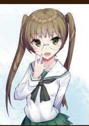 Rule 34 | 10s, 1girl, arm behind back, black neckerchief, blouse, brown eyes, brown hair, commentary, girls und panzer, glasses, green skirt, hair tie, hand to own mouth, letterboxed, long hair, long sleeves, looking at viewer, miniskirt, neckerchief, ooarai school uniform, oono aya, open mouth, pleated skirt, round eyewear, school uniform, serafuku, shirt, skirt, smile, solo, standing, tenrai, twintails, upper body, white background, white shirt
