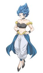 Rule 34 | 1girl, alternate costume, blue eyes, blue hair, bracelet, choker, closed mouth, collarbone, dragon ball, dragon ball super, genderswap, genderswap (mtf), gogeta, hands on own hips, high heels, highres, jewelry, light smile, looking at viewer, pants, simple background, solo, spiked hair, super saiyan, super saiyan blue, taka lovecheese, waist cape, white background, white pants