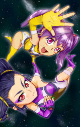 Rule 34 | 00s, 2girls, :d, arm up, armpits, ass, bare shoulders, bent over, black hair, bodysuit, boots, bougainvillea, breasts, covered navel, dutch angle, earrings, elbow gloves, eyeshadow, facial mark, floating, foreshortening, from above, gloves, gma, hair ornament, halterneck, hand on own chest, holding hands, jewelry, leg lift, leotard, looking at viewer, makeup, medium breasts, mintao, multi-tied hair, multiple girls, open mouth, outdoors, outline, outstretched arm, pilot suit, purple eyes, purple footwear, purple gloves, purple hair, purple legwear, red eyes, sidelocks, sky, smile, sora wo kakeru shoujo, space, star (sky), starry sky, thigh boots, thigh strap, thighhighs, twintails, waving, yellow footwear, yellow legwear