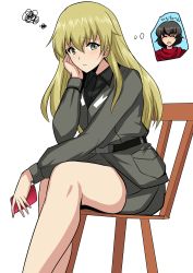 Rule 34 | 10s, 2girls, anzio military uniform, black shirt, blonde hair, brown hair, caesar (girls und panzer), carpaccio (girls und panzer), chair, head rest, closed eyes, girls und panzer, green eyes, grey jacket, grey skirt, hifumi hajime, jacket, long hair, multiple girls, pencil skirt, red scarf, scarf, shirt, short hair, simple background, sitting, skirt, smile, solo focus, squiggle, thought bubble, white background