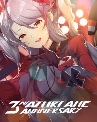 Rule 34 | 1girl, absurdres, azur lane, black gloves, breasts, buttons, cross, double-breasted, dutch angle, gloves, headgear, highres, holding, holding microphone, iron cross, long hair, looking at viewer, microphone, multicolored hair, open mouth, orange eyes, prinz eugen (azur lane), red hair, shinidei, sideboob, silver hair, solo, streaked hair, teeth, twintails, two-tone hair, upper teeth only
