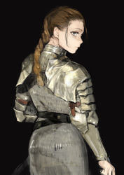 Rule 34 | 1girl, armor, belt, braid, braided ponytail, brown hair, closed mouth, commentary request, cowboy shot, from behind, gorget, grey eyes, highres, hiranko, knight, long hair, looking at viewer, looking back, original, pauldrons, plate armor, profile, scabbard, sheath, shoulder armor, single braid, solo, standing, sword, vambraces, weapon