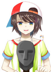 Rule 34 | 1girl, :d, absurdres, animal, backwards hat, baseball cap, binaural microphone, bird, black hair, blue eyes, collarbone, commentary request, duck, hat, highres, hololive, microphone, natsuki (natukituki), oozora subaru, oozora subaru (1st costume), open mouth, shirt, short sleeves, simple background, smile, solo, striped clothes, striped shirt, upper body, vertical-striped clothes, vertical-striped shirt, virtual youtuber, white background, white hat