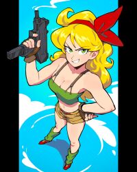 Rule 34 | 1girl, 333 (dqqqdle), blonde hair, breasts, brown gloves, camisole, cleavage, cup, fingerless gloves, from above, gloves, green hair, gun, hair ribbon, holding, holding cup, long hair, lunch (dragon ball), medium breasts, ribbon, short shorts, shorts, solo, weapon, yellow shorts